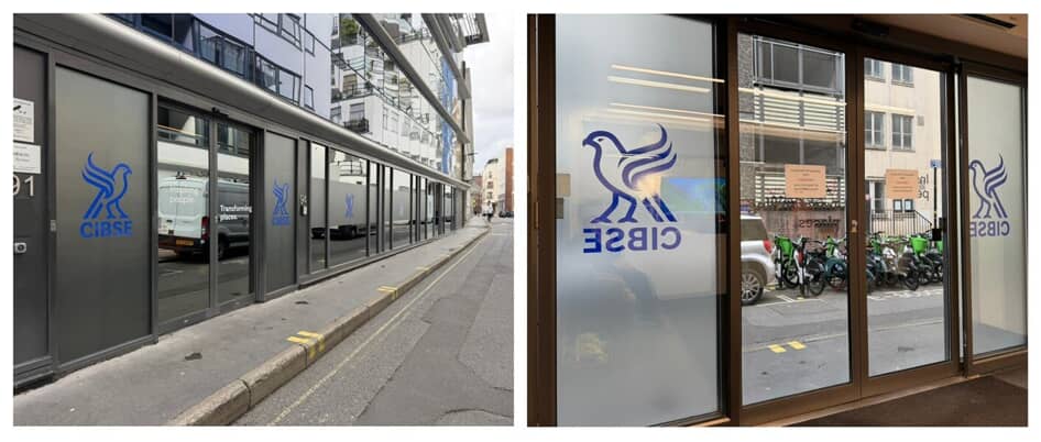 A collage of the CIBSE window and door signage from the inside and outside.